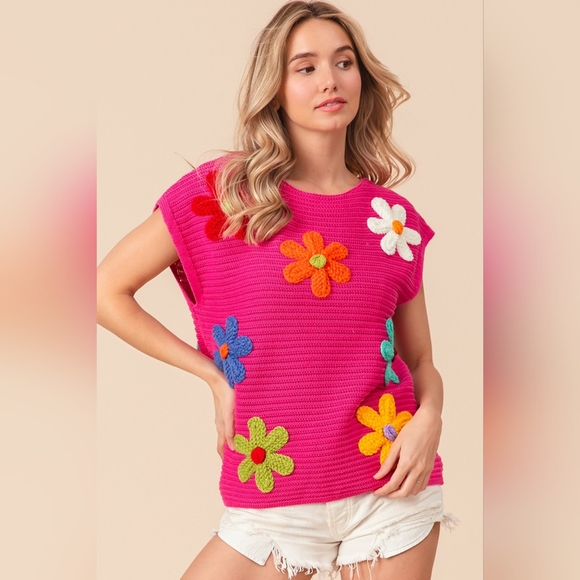 BiBi Flower Round Neck Cap Sleeve Knit Top - Picture 2 of 7